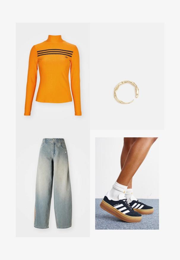 adidas Originals LS 3S - Langarmshirt - unity orange; Himmelblaue Denim-Hose mit weitem Bein und einem verblassten Finish. Sie verfügt über Fronttaschen, einen Knopfverschluss und ein dezentes Logo am Bund.; Schwarze Wildledersneaker mit weißen Streifen und Akzenten, rundlicher Zehenbereich, Sohlen aus braunem Gummi, kombiniert mit weißen, gerippten Sneakersocken.; Goldfarbener Ring mit einem organischen, gedrehten Design, glatter Oberfläche und sich verjüngenden Enden, was ein modernes, skulpturales Erscheinungsbild erzeugt.