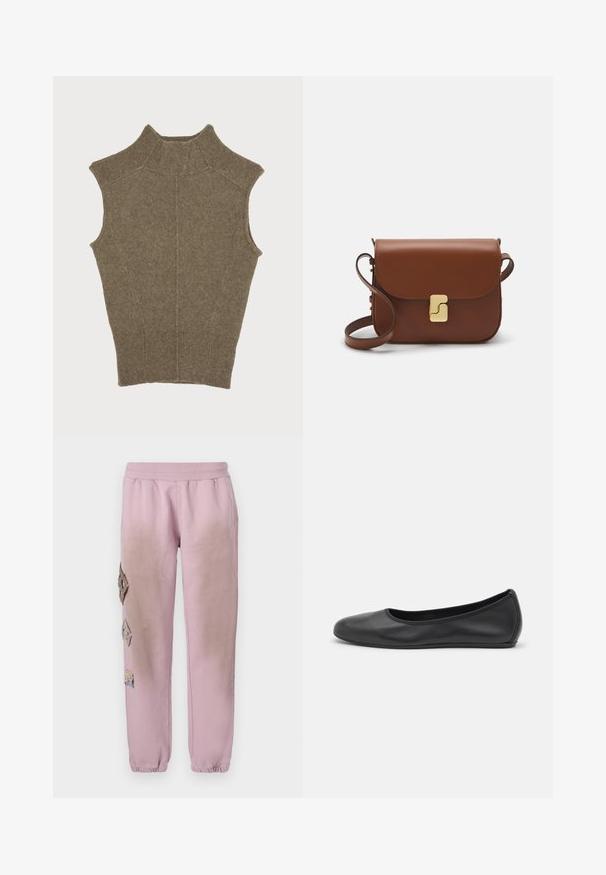 Brown sleeveless knit top with a high collar, featuring a ribbed texture and vertical seams for a fitted silhouette.; Pink sweatpants with an elastic waistband, featuring decorative patches in diamond shapes on the left side and elastic cuffs at the ankles.; Black leather ballet flat with a rounded toe, smooth texture, minimal stitching detail, and a flexible sole design.; Brown leather handbag with a flap closure, gold-tone hardware, a shoulder strap, and a smooth texture. Compact rectangular shape.