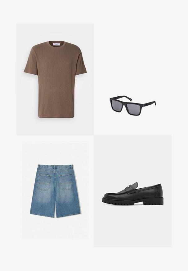 Tricou din bumbac maro cu guler rotund, mâneci scurte și un logo discret pe piept; țesătură ușoară cu un finisaj moale și texturat.; Șorturi din denim de culoare albastru deschis, cu o croială lejeră, având două buzunare pe spate și cusături vizibile. Materialul are o textură moale și netedă.; Mocasini din piele neagră cu vârful rotunjit, având un design cusut, talpă joasă și o talpă din cauciuc texturat, cu crampoane.; Ochelari de soare dreptunghiulari negri cu lentile întunecate, finisaj mat și detalii cu logo pe bradă. Designul prezintă margini drepte și rame groase.