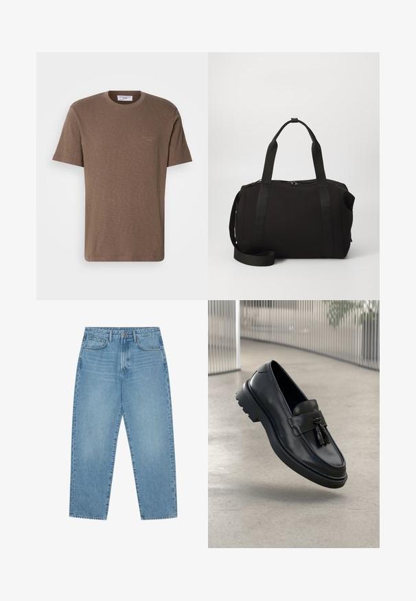 Braunes Baumwoll-T-Shirt mit Rundhalsausschnitt, kurzen Ärmeln und einem dezenten Logo auf der Brust; leichtes Gewebe mit einer weichen, strukturierten Oberfläche.; Hellblaue Jeans aus Denim mit geradem Bein, Fünf-Taschen-Design und leicht verwaschener Textur. Mit Knopf- und Reißverschluss ausgestattet.; Schwarze Leder-Loafer mit glatter Oberfläche, dekorativem Quasten, dicker Gummisohle und abgesteppten Akzenten. Leichtes und schlankes Design.; Schwarze Duffeltasche mit dicken Griffen und einem abnehmbaren Schultergurt. Hergestellt aus glattem Material, ausgestattet mit einem Reißverschluss und einem minimalistischen Design.; Silberfarbene Ohrring-Set, bestehend aus zwei Paar Ohrhänge und sechs Paar Ohrstecker in verschiedenen Formen und Texturen, einschließlich schwarzer Akzente.