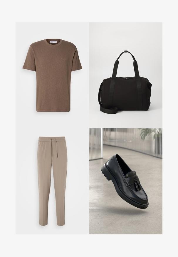 Brun bomull T-skjorte med rund hals, korte ermer og en subtil logo på brystet; lett stoff med en myk, teksturert finish.; Lys beige bukser med elastisk talje, justerbar snor og avsmalnede ben. Stoffet ser glatt ut med en svak glans.; Svarte skinnloafers med jevn finish, dekorativ dusk, tykk gummisåle og syede detaljer. Lettvektig og elegant design.; Svart duffelbag med tykke håndtak og et avtakbart strop. Laget av glatt stoff, med glidelås og minimalistisk design.; Sølvtonet ørepynt-sett, bestående av to par hoops og seks par studs med forskjellige former og teksturer, inkludert svarte aksenter.