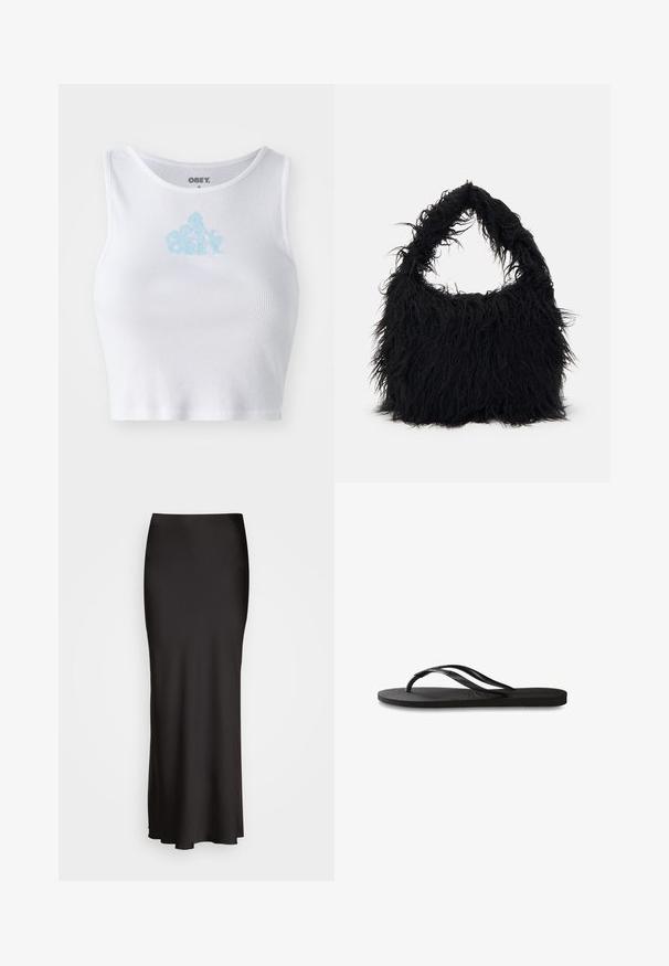 Bela rebrasta kratka majica s okruglim izrezom i svijetloplavim logotipom "OBEY" centriranim na prsima. Glatka tekstura i tijesni dizajn.; Črna, dolga satenska krila z gladko teksturo, prilegajoč pas in A-linijo, brez vidnih okraskov ali vzorcev.; Črne natikače z teksturirano gumijasto podlogo, dvema ozkima trakoma in subtilnim, vtisnjenim logom na traku.; Even&Odd Torba za nakupovanje - black