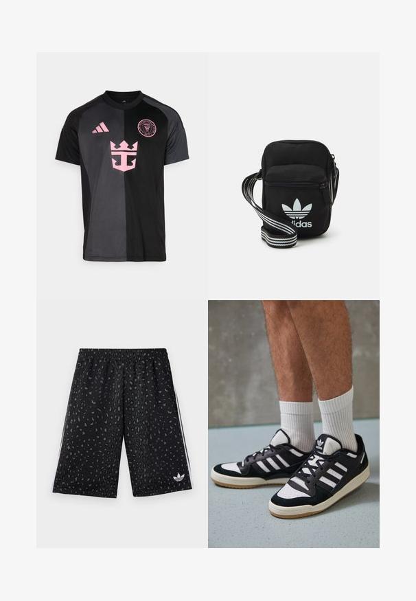 Čierny a šedý športový dres s krátkymi rukávmi, ružovými detailmi loga a crew výstrihom. Na prednej strane sa nachádza dizajn koruny.; Čierne atletické šortky s leopardím vzorom v tmavošedej farbe. Majú elastický pás a biele bočné pruhy s logom.; Čierno-biele tenisky s vrchom z semišu a kože, s troma bielymi pruhmi, perforovanou špičkou a gumovou podrážkou.; Čierna textilná crossbody taška so zipsovým uzáverom, ktorá má biele logo Adidas a pruhovaný nastaviteľný popruh pre jednoduché nosenie.
