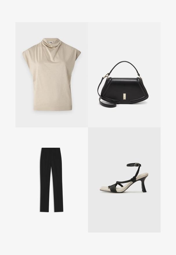 Beige short-sleeve top with a draped cowl neck. Smooth texture, fitted waist, and ribbed hem. Made from lightweight, stretchy fabric.; Black tailored trousers with a straight-leg design, featuring front pockets and a smooth, textured fabric. Neat, minimal detailing.; Black heeled sandal with braided strap design, square toe, and adjustable ankle strap. Light beige footbed with a glossy black heel.; Black leather handbag with a structured design, featuring a cropped shape, top handle, and gold hardware accent. Adjustable shoulder strap included.