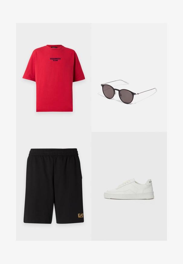 Rode katoen t-shirt met een ronde hals, korte mouwen en een zwarte opdruk met het logo "DSQUARED2 MILANO" op de voorkant.; Zwarte sportshorts van zacht materiaal, met een elastische tailleband en een klein geel EA7-logo op de onderste linkeronderbroek.; Witte leren sneaker met een gladde afwerking, ronde neus, platte veters en een gestructureerde zool. Kenmerkt zich door een subtiel logo op de hiel.; Zwarte ronde zonnebril met donkere lenzen en slanke metalen armen. Inclusief heldere tempelpunten en zilveren accenten bij de scharnier. Minimalistisch ontwerp.