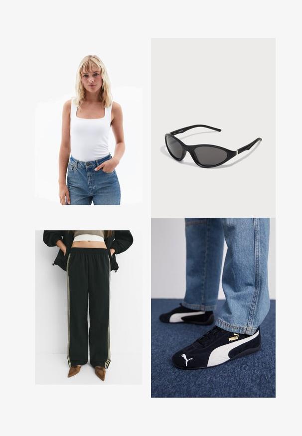 Weißes Tanktop mit quadratischem Ausschnitt, aus glattem Stoff gefertigt, kombiniert mit hoch taillierten blauen Jeans. Einfaches Design, minimale Details.; Schwarze, lässige Jogginghosen mit elastischem Bund und seitlichen Taschen, die kontrastierende, hellbeige Streifen entlang der Beine aufweisen.; Schwarze Wildledersneaker mit weißen Akzenten und einem goldenen Logo. Getragen mit hellblauen Jeans und auf einer strukturierten blauen Oberfläche platziert.; Schwarze Katzenaugen-Sonnenbrillen mit eleganten, matten Rahmen, dunklen Gläsern und silbernen Akzenten an den Bügeln. Modernes Design mit scharfer Form.; Schwarze Wildleder-Handtasche mit weicher, strukturierter Form, ausgestattet mit einem schmalen Ledertrageriemen und dezentem Markenlogo. Das Modell trägt eine Jeansjacke.