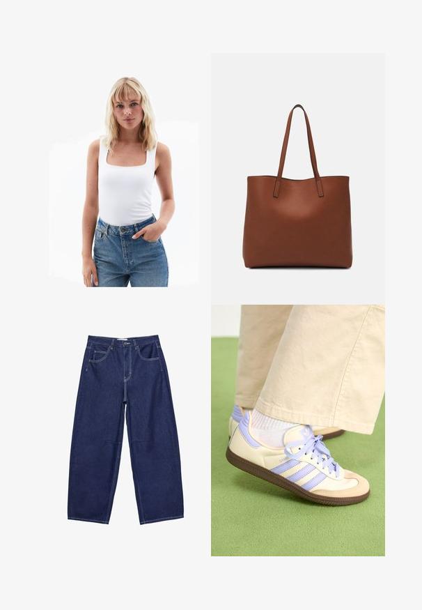 Vit tanktopp med fyrkantig halsringning, tillverkad av slätt material, kombinerad med högmidjade blå denimjeans. Enkelt design, minimal detaljering.; Mörkblå denimbyxor med vida ben och hög midja, fem fickor och kontrasterande vita sömmar. Slät textur, klassisk design.; Krämfärgade och lavendelfärgade sneakers med tre ränder och en texturerad brun sula, med snören och en vadderad häl. Mjuk tygobero.; Brun läder tote-väska med en slät textur, öppen toppdesign och två axelremmar. Har minimal söm och ingen synlig metalldetalj.