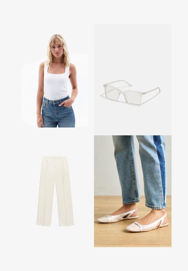 Top bianco a canotta con scollo quadrato, realizzato in tessuto morbido, abbinato a jeans in denim blu a vita alta. Design semplice, con minimi dettagli.; Pantaloni a gamba larga di un leggero colore crema. Realizzati in un tessuto morbido con pieghe sul davanti e tasche laterali.; Ballerine slingback rosa pallido con punta affusolata, realizzate in un materiale simile alla pelle liscio. Presentano dettagli a taglio sui lati e un tacco piatto.; Occhiali da sole quadrati in plastica trasparente con lenti traslucide, caratterizzati da dettagli in oro sulle tempie.; Borsa a secchiello in pelle marrone con due tasche frontali decorate da fibbie. La borsa ha una superficie liscia e una tracolla regolabile.