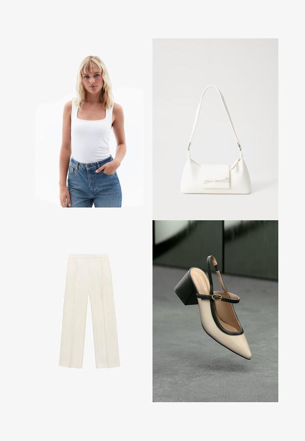 Witte tanktop met een vierkante halslijn, gemaakt van gladde stof, gecombineerd met hooghangende blauwe spijkerbroeken. Eenvoudig ontwerp, minimale details.; Wijdgevallen broeken in een lichtcrème kleur. Gemaakt van een zachte stof met plooien aan de voorkant en zijzakken.; Beige slingback pump met hoge hak, puntige neus, zwarte bies en gespsluiting. Glad materiaal met een matte afwerking, middelhoge blokhak.; Witte synthetische handtas met een driehoekige vorm, platte voorklep en strikdetail, verstelbare schouderriem, gladde textuur en minimalistisch ontwerp.