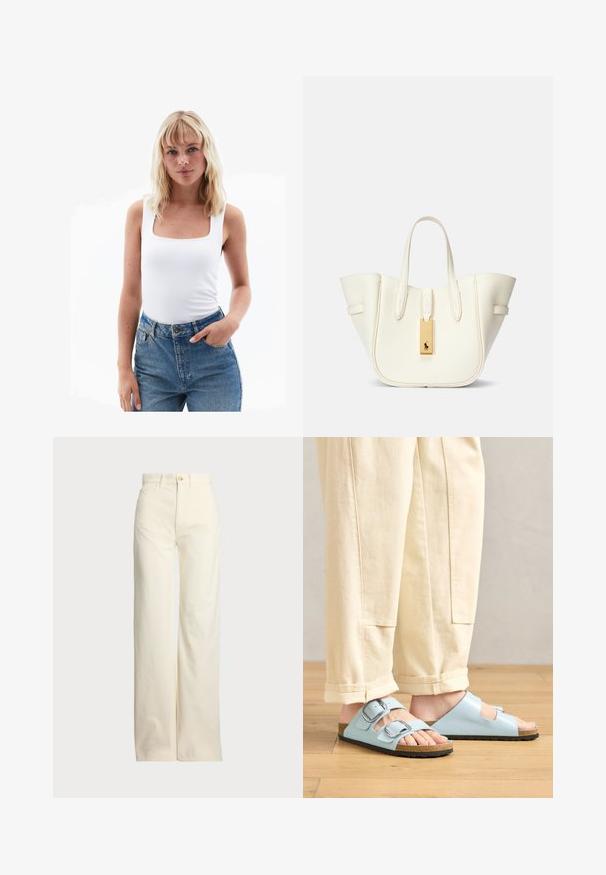 Top sin mangas blanco con escote cuadrado, hecho de una tela suave, combinado con jeans de mezclilla azul de cintura alta. Diseño simple, con un detalle mínimo.; Polo Ralph Lauren COTTON CORDUROY WIDE-LEG PANT - Pantalones - warm white; Sandalias de punta abierta en azul claro con doble hebilla, plantilla de corcho y suela de goma negra, combinadas con unos pantalones de pierna ancha en color crema.; Bolso de tote de cuero blanco con forma estructurada, costuras prominentes, etiqueta de hardware dorado y asas dobles. Superficie texturizada con bolsillos laterales.