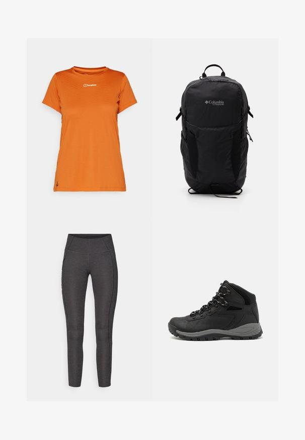 Kratičani rokavi oranžni majica iz teksturirane tkanine, s majhnim belim logotipom na prsih in ravnim robom.; Visoko pasne legice v temno sivi barvi, izdelane iz teksturiranega blaga. Značilna je prilegajoča zasnova in stranske žepe za shranjevanje.; Črne pohodniške čevlje z srednje visokim dizajnom, ki imajo teksturirano zgornji del, sivi dodatki in vzdržljiv gumen podplat s protizdrsnimi izboklinami.; Črn nahrbtnik Columbia Titanium z gladko teksturo blaga, stranskimi žepi, zgornjim ročajem in nastavljivimi trakovi. Minimalistična zasnova z diskretnim logotipom.