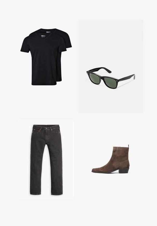 Camisetas negras de cuello en V hechas de una mezcla de algodón. Mangas cortas, corte relajado y textura suave. El paquete incluye dos camisetas.; Jeans de mezclilla negros de pierna recta con cinco bolsillos, cierre de botón y remaches de cobre, dispuestos en plano sobre un fondo blanco.; Botín de ante marrón con punta afilada, tacón bajo y un bucle en la parte trasera para facilitar el calzado. Textura suave y diseño simple.; Gafas de sol de plástico negro con lentes verdes, montura cuadrada, acento plateado en la ceja y brazos texturizados. Marca indicada en el brazo interno.