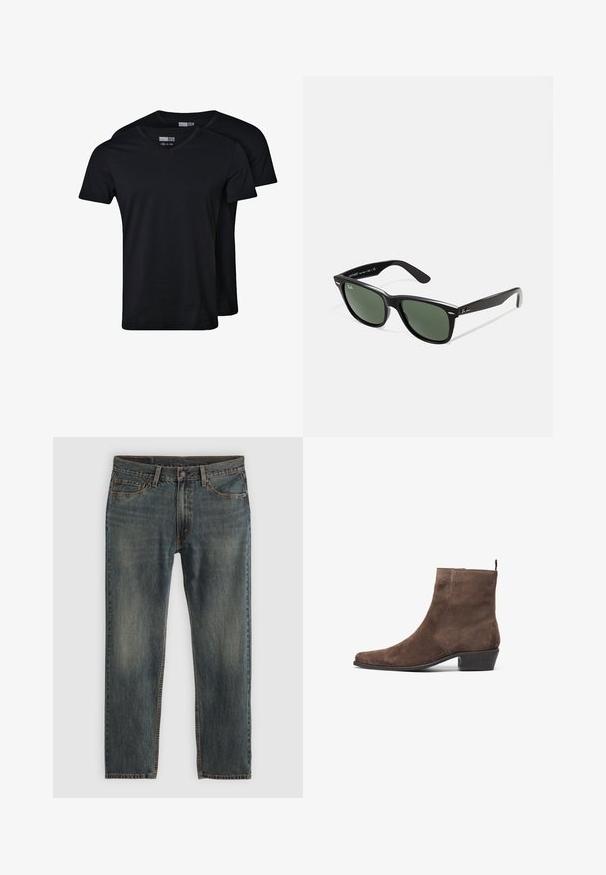 Black v-neck t-shirts made of cotton blend fabric. Short sleeves, relaxed fit, and smooth texture. Pack includes two shirts.; Blue denim jeans with a straight leg design, featuring a classic five-pocket style, stitching accents, and a slightly faded finish.; Brown suede ankle boot with a pointed toe, low block heel, and a pull loop at the back for easy wear. Smooth texture and simple design.; Black plastic sunglasses with green lenses, square frames, silver accent on the brow, and textured temple arms. Stated brand on inner arm.