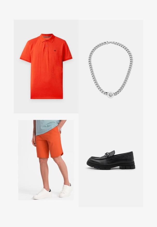 Polo rouge en coton, avec un col, une patte de boutonnage à trois boutons, des manches courtes et un petit logo sur la poitrine gauche.; Chemise blanche à manches longues en tissu lisse, avec un col standard, une fermeture à boutons à l'avant et un ourlet arrondi. Pas de motifs ni d'accents visibles.; Shorts orange en tissu doux avec une texture lisse, dotés de poches latérales et d'un ourlet arrondi, accompagnés de baskets blanches.; Mocassin en cuir noir avec un bout arrondi, une lanière décorative et des éléments en métal, et une semelle texturée épaisse. Finition lisse avec des détails subtils.; Collier en argent avec des maillons épais et un pendentif circulaire central avec des détails complexes. Surface en métal lisse et réfléchissante.