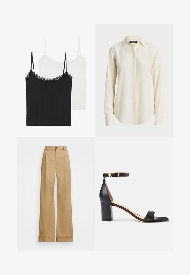 Két pántos felső: az egyik fekete, a másik fehér. Mindkettő vékony pántokkal és csipkés díszítéssel rendelkezik a nyakkivágás mentén. Bordázott anyagból készült.; Világos krém színű, hosszú ujjú ing, hegyes gallérral, gombos elülső résszel és sima felülettel; lekerekített hem és testhezálló szabással rendelkezik.; Beige, bő szabású nadrág gombos záródással, sima textúrával és gyűrődések nélküli fazonnal. Felhajtott szárvégek extra részletességgel.; Lauren Ralph Lauren LOGAN BURNISHED LEATHER SANDAL - Szandálok - black