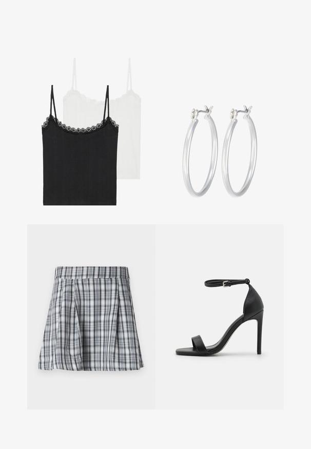 To af camisole-toppe: en sort og en hvid. Begge har tynde stropper og en blondekant langs udskæringen. Lavet af ribbet stof.; Ribet mini nederdel i grå og hvid med plisseringer og en talje. Fremstillet af letvægtigt stof med lodrette og vandrette striber.; Sort højhælet sandal med et sleek design, der har en ankelrem, åben tå og glat lædertekstur.; Sølv hoop øreringe med en glat, poleret overflade. Rund form og sikker klik-lukning. Letvægtsdesign, der er velegnet til hverdagsbrug.