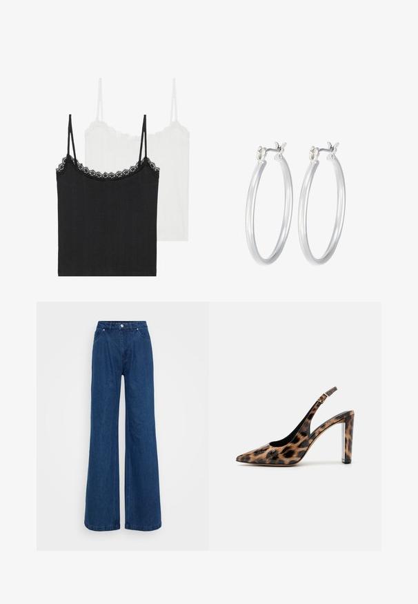 To af camisole-toppe: en sort og en hvid. Begge har tynde stropper og en blondekant langs udskæringen. Lavet af ribbet stof.; Bredbenede blå denimjeans med høj talje, frontknap og lynlås lukning, samt for- og baglommer på en ensfarvet baggrund.; Sandalet med leopardprint, spids tå og gennemsigtig blokhæl. Lavet af blankt materiale med en glat overflade.; Sølv hoop øreringe med en glat, poleret overflade. Rund form og sikker klik-lukning. Letvægtsdesign, der er velegnet til hverdagsbrug.
