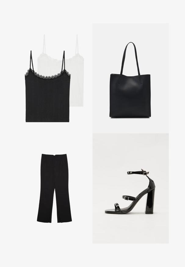 Two camisoles in black and white. Both feature lace trim at the neckline and thin adjustable straps, with a textured ribbed fabric.; Black trousers with a straight fit, featuring front pockets and side slits at the hem. Made of soft, smooth fabric. Suitable for various occasions.; Black patent high-heeled sandals with two buckle straps, square toe, and a chunky block heel, featuring a smooth, glossy texture.; Black leather tote bag with smooth texture, rectangular shape, and two long handles. No visible hardware or embellishments.