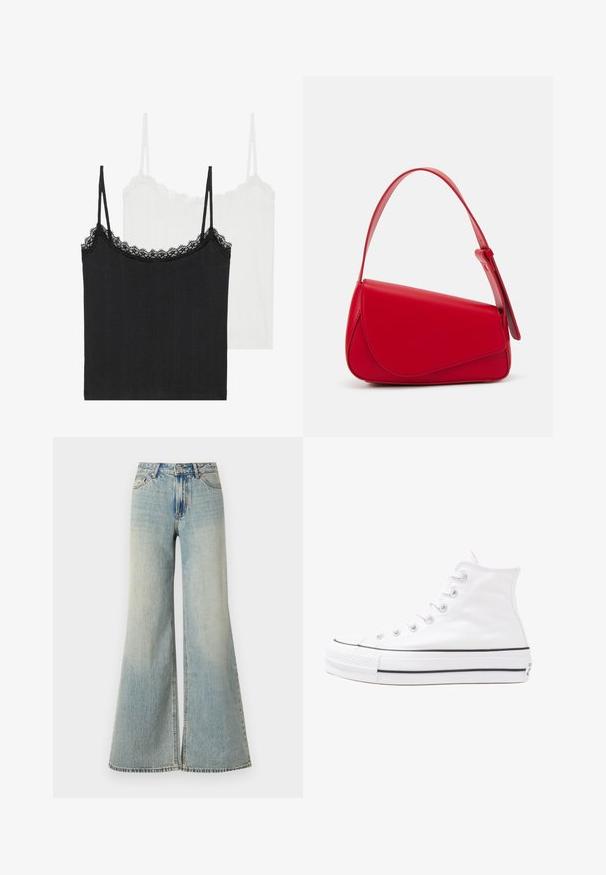 Two camisole tops: one black and one white. Both feature thin straps and a lace trim along the neckline. Made from ribbed fabric.; Light blue wide-leg jeans with a high waist, featuring a faded finish, front pockets, and a subtle split at the bottom of the legs.; White high-top canvas sneaker with black rubber sole, front rubber toe cap, and six eyelets for laces, featuring a clean, minimalist design.; Red leather handbag with an angular, geometric design. Features a single adjustable strap and a flap closure with stitched detailing.