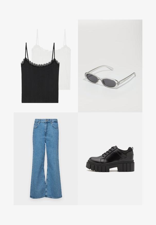 Două bluze de tip top: una neagră și una albă. Ambele au bretele subțiri și un nit de dantelă de-a lungul gâtului. Fabricate din material ribbed.; Jeanși evazați de culoare albastru deschis, din denim, cu talie înaltă, cinci buzunare și închidere cu un singur buton. Textură moale cu un finisaj decolorat.; Pantofi cu talpă plată din piele neagră, cu toc gros, vârf rotund și design tradițional cu șireturi. Prezintă o textură netedă și detalii minime.; Ochelari de soare cu formă ovală, ramă din plastic transparent, lentile gri închis și brațe subțiri transparente cu accente de logo și detalii minime.