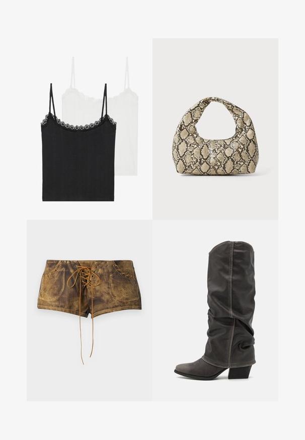 Zwei Spaghettitops: eines in Schwarz und eines in Weiß. Beide haben dünne Träger und eine Spitzenborte am Ausschnitt. Hergestellt aus geripptem Stoff.; Braune Schnürshorts mit strukturiertem Oberflächendesign und kontrastierenden sandfarbenen Schnürsenkeln. Verfügt über Ösen und ein tailliertes Design für eine enganliegende Passform.; Graue Lederstiefel bis zur Wade mit einem lässigen Design, spitzer Zehenform und gestapelt Hohem Absatz. Auffällige Nähte im Bereich der Zehen.; Schlangenmuster-Tasche mit einem gebogenen Griff. Hergestellt aus strukturierten, beige- und braunfarbenen Materialien, die ein markantes Diamantmuster aufweisen.