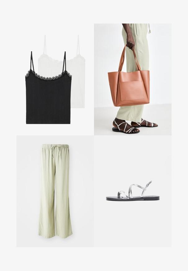 Dva topa brez rokavov: en črn in en bel. Obe imata tanke naramnice in čipkast rob ob ovratniku. Narejeni so iz rebraste tkanine.; Svetlo zeleni široki hlače z elastičnim pasom in vrvico. Narejene iz mehkega, teksturiranega materiala; robovi so obrobljeni, brez vidnih vzorcev.; Srebrne ženske sandale s tankimi trakovi in črnim ravnim podplatom, ki imajo tanke kovinske trakove in nastavljiv vložek za gleženj. Gladka tekstura po celotni površini.; Torbica iz tan usnja z pravokotnim sprednjim žepom, ravnimi ročaji in strukturiranim oblikovanjem. Nošena z svetlo zelenimi hlačami in natikači s trakovi.