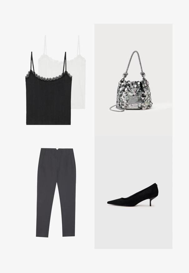 Dve tielka: jedno čierne a jedno biele. Obe majú tenké ramienka a čipkový lem okolo výstrihu. Vyrobené z rebrovanej látky.; Tmavošedé zúžené nohavice so bočnými vreckami a prednými záhybmi, navrhnuté pre presný strih.; Čierne semišové lodičky s špicatou špičkou a úzkym, nízkym opätkom. Hladká textura s elegantným dizajnom, bez viditeľných kovových súčiastok.; Malá strieborná kabelka pokrytá veľkými flitrami s uzlovou rúčkou a reťazovým popruhom, na prednej strane s logom značky Guess.