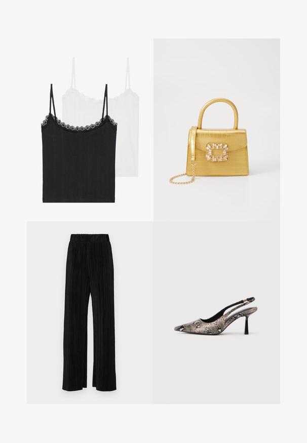 Du reizgiai: vienas juodas, kitas baltas. Abu turi plonas petnešas ir nėriniuotą apykaklę. Pagaminti iš banguotos medžiagos.; Juodi plisuoti kelnės su elastine juosta. Turėkite plačias kojas ir glotnų, tekstūrinį audinį su vertikaliais dryžiais.; V-formos slingback batai, pagaminti iš tekstūruoto gyvatės odos raštų, su siauru juodu kulnu ir išpjova šonuose.; Geltonas dirbtinės krokodilo odos rankinukas su standžiu dizainu, viršutine rankena, nuimamu grandininiu dirželiu ir dekoratyviniu krištolo papuošimu ant užsegimo.