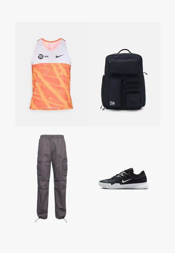 Nike sporta tops ar baltu acu tīklu augšējo daļu un dzīvīgu oranžu apakšējo daļu ar teksturētu, abstraktu rakstu.; Pelēki kravas bikses ar elastīgu jostasvietu, vairākiem sānu kabatām un regulējamām piedurknēm. Izgatavotas no izturīgas auduma ar gludu tekstūru.; Melni sporta apavi ar teksturētu virsu, balto Nike zulumu un balto gumijas zoli. Iezīmējas ar auklu pievilkšanas dizainu un dinamisku formu.; Melns mugursoma, kas izgatavota no izturīga auduma. Tai ir vairāki kabatas ar rāvējslēdzējiem, tostarp priekšējā nodalījumā, un Velcro paklājiņu zonas piederumiem.