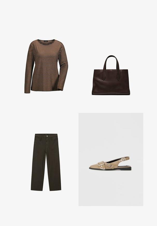 Gestreepte lange mouwen shirt in warm bruin en donkerblauw. Zachte stof met een ronde halslijn en een relaxte pasvorm. Standaard mouwen met manchet.; Donkergroene wijde jeans van een katoenmix, met een sluiting met een voorste knop, vijf zakken en klassieke denimstiksels.; Beige gepatineerde slingback schoenen met een spitse neus, twee verstelbare gespen en een lage zwarte hak. Glad textuur met een glanzende afwerking.; Bruine leren tote bag met twee verlengde handvatten, gestructureerde rechthoekige vorm, gladde textuur en subtiele stiksels.