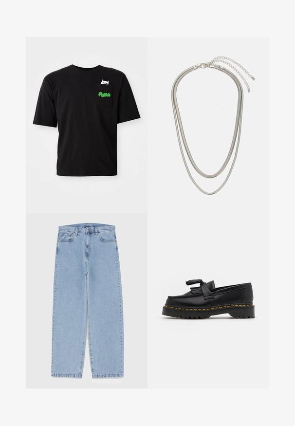 Czarny bawełniany T-shirt z krótkimi rękawami, z kieszenią z grafiką kota oraz zielonym napisem "PUMA". Luźny krój i gładka tekstura.; Jasnoniebieskie dżinsy o prostym kroju nogawki, z średnim stanem, pięcioma kieszeniami oraz zapięciem na guzik i zamek błyskawiczny.; Czarny skórzany mokasyn z frędzelkowymi akcentami, z masywną czarną podeszwą i żółtym przeszyciem wzdłuż krawędzi. Teksturowane wykończenie.; Trójwarstwowy naszyjnik ze srebrnego metalu z eleganckimi, elastycznymi łańcuszkami o delikatnym połysku, zapinany na karabińczyk i regulowany.
