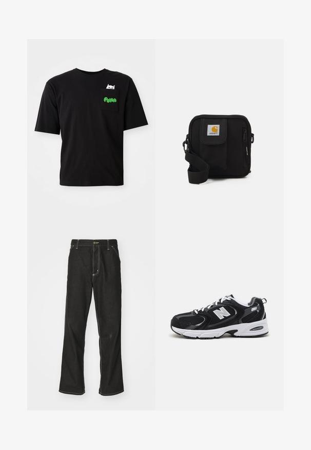 Melna kokvilnas T-krekls ar īsām piedurknēm, kuram ir kabata ar kaķa grafiku un zaļu "PUMA" tekstu. Ikdienišķa piegriezne un gluda tekstūra.; Melni džinsi ar brīvu piegriezumu, ar kontrastējošu baltu diegu, pogu aizdari un taisnu kāju dizainu.; Melnas un pelēkas sporta kurpes ar acs un zamša augšu, ar baltu starpsole, auklām un uz sāniem izteiksmīgu "N" logo.; Melna plecu soma ar rāvējslēdzēja galveno nodalījumu, priekšējo kabatu, regulējamu siksnu un redzamu logotipa tagu uz vāka.