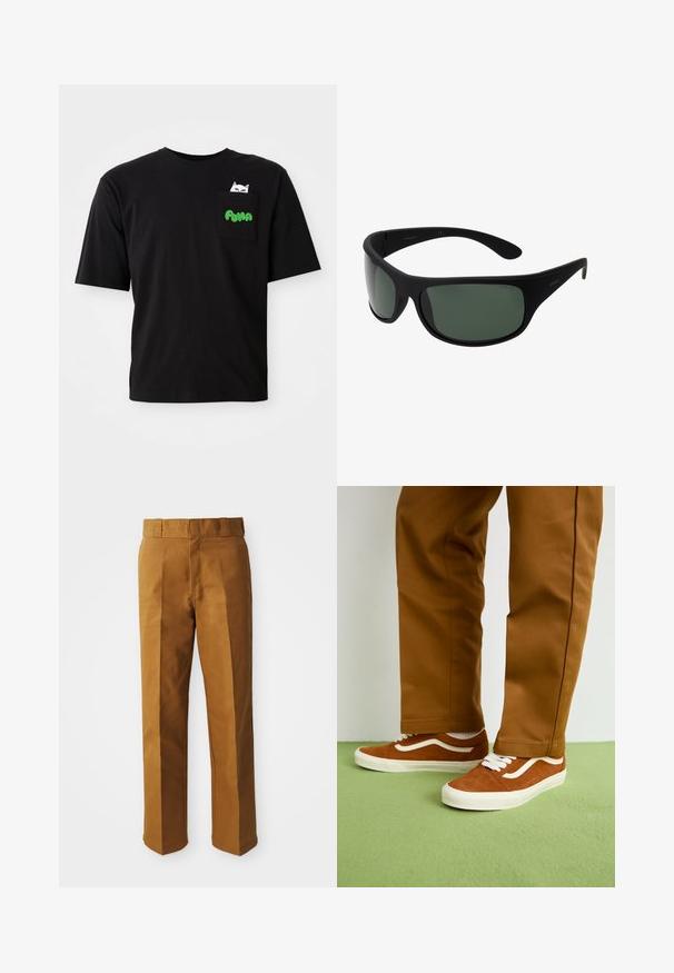 Musta puuvillapaita lyhyillä hihoilla, jossa on tasku, jossa on kissagrafiikka ja vihreät "PUMA"-tekstit. Rentoa istuvuutta ja sileää tekstuuria.; Ruske, oblikovane hlače z gladko teksturo, ki imajo raven kroj, naborke spredaj in standartni pas.; Ruske kengät valmistettu nupukkinahasta, valkoisilla nauhoilla ja sivuviivan suunnittelulla, yhdistetty vaaleanruskeisiin housuihin vihreän lattian päällä.; Mustat wraparound aurinkolasit tummanvihreillä linsseillä. Matte-pinta, kaareva muotoilu, suorat sivupäät ja hillitty brändäys sivussa.; Monikeri kerroksellinen kaulakoru, jossa on hopeaketjuja ja helmikoristeita, sekä charm-paloja, kuten avaimia ja neliön muotoinen riipus. Sileä pinta, jossa on kiiltävä viimeistely.