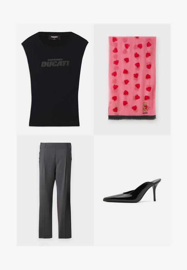 Zwarte mouwloze t-shirt met ronde hals en verhoogd zwart "DSQUARED2 DUCATI" logo op de borst, maat small, met "made in Italy" etiket in de kraag.; Witte button-up blouse met lange mouwen, voorzien van een gerimpelde textuur aan de voorkant, kleine gouden knopen en een standaard kraag.; Grijze op maat gemaakte broek met een recht gesneden ontwerp, voorplooien en decoratieve zijknopen voor extra detail. Vriendelijke stoftextuur.; Zwarte gepatineerde leren hoge hak muiltjes met een spitse neus en een slanke silhouet, met een open achterkant en een slanke stilettohak.; Roze sjaal met een patroon van transparante rode harten en een beer, met een zwarte franjes en logo-detail aan de onderrand.