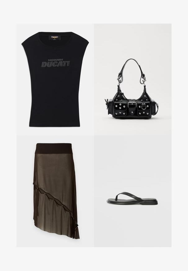 Schwarzes ärmelloses T-Shirt mit rundem Ausschnitt und erhabenem schwarzen "DSQUARED2 DUCATI" Logo auf der Brust, Größe S, Made in Italy Etikett im Kragen.; Schwarzer Mesh-Rock mit einem taillierten Bund, asymmetrischem Saum, dekorativen Knöpfen an der Vorderseite und geschichteter transparenter Textur.; Schwarze Flip-Flops aus glattem Leder, mit einem dünnen Riemendesign und einer flachen Sohle mit minimalem Profil. Keine bemerkenswerten Muster oder Akzente.; Schwarze Lederhandtasche mit einem geschwungenen Design, verziert mit silbernen Nieten, einer Schnalle und zwei seitlichen Taschen. Verstellbarer Träger für verschiedene Tragemöglichkeiten.