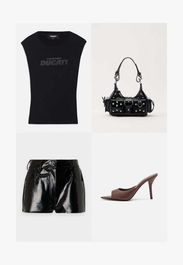 Mustat hihattomat t-paidat pyöreällä kaula-aukolla ja koholla olevalla mustalla "DSQUARED2 DUCATI" -logolla rinnassa, koko pieni, valmistettu Italiassa, kauluksessa oleva tuotelappu.; Lyhyet mustat kiiltävät shortsit, jotka on valmistettu synteettisestä materiaalista. Niissä on hyvä istuvuus vyötäröllä, vyölenkit ja etutaskut, joissa on näkyvät ompeluyksityiskohdat.; Ruskean nahkakengät, joissa on avonainen varvas, korkea kanta ja tyylikäs muotoilu. Kengissä on leveä etuhihna ja hoikka stiletto-korko.; Musta nahkainen käsilaukku, jossa on kaareva muotoilu, hopeiset niitit, solki ja kaksi sivutaskua. Säädettävä olkahihna erilaisiin kantovaihtoehtoihin.