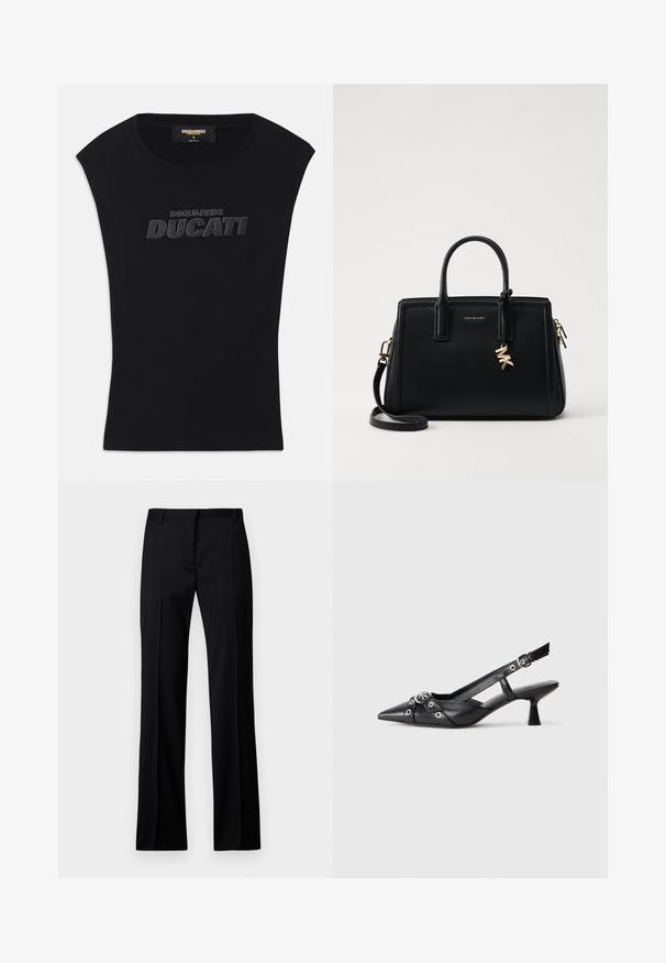 Čierne tielko bez rukávov s okrúhlym výstrihom a vyvýšeným čiernym logom "DSQUARED2 DUCATI" na hrudi, veľkosť S, s nálepkou "vyrobené v Taliansku" vo vnútri goliera.; Čierne nohavice v rovnom strihu z hladkej tkaniny, so plochým predným dielom, pútkami na opasok a bez viditeľných vreciek alebo ozdôb.; Čierne kožené slingback topánky s špicatou špičkou, ozdobnými popruhmi s kovovými očkami a nízkym blokovým podpätkom. Textúrovaný povrch.; Čierna kožená kabelka so štruktúrovaným dizajnom, dvojitými hornými uchami, odnímateľným ramenným popruhom, zlatými kovovými detailmi a akcentom logového prívesku.