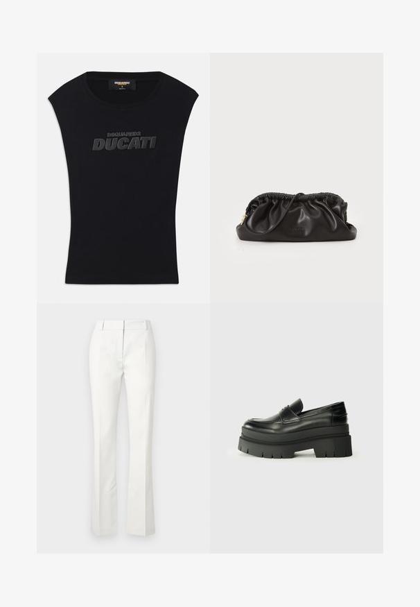 Juoda be rankovių marškinėliai su apvaliu kaklu ir iškilniu juodu "DSQUARED2 DUCATI" logotipu ant krūtinės, dydis mažas, įsiūtas Made in Italy etiketas vidinėje apykaklės pusėje.; Baltos pritaikytos kelnės su platėjančiomis apačiomis, turinčios priekinius raukšles ir lygų paviršių, pagamintos iš lengvos medžiagos.; Juodos odinės loafers tipo bateliai su masyviu platformos padu. Suapvalintas pirštas, priekinė siuvimo detalė ir subtilūs siuvinėjimo akcentai. Lygus, tekstūruotas padas.; Juodas odinis rankinukas su susirietusia viršuje, užtrauktuko uždarymu ir auksinėmis detalėmis. Lygus paviršius su iškilniu logotipo akcentu.