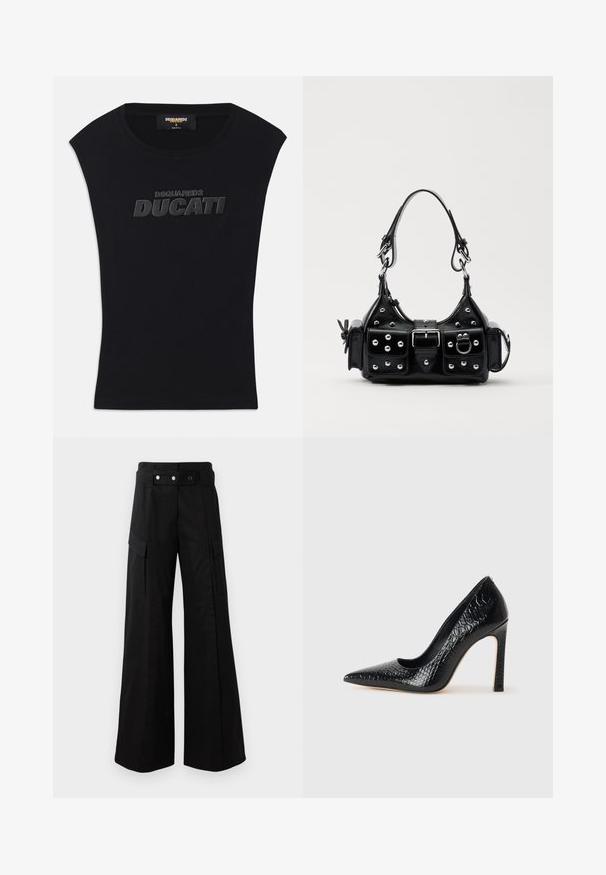 Schwarzes ärmelloses T-Shirt mit rundem Ausschnitt und erhabenem schwarzen "DSQUARED2 DUCATI" Logo auf der Brust, Größe S, Made in Italy Etikett im Kragen.; Schwarze weit geschnittene Hose mit hohem Bund, großen Seitentaschen, zwei vorderen Knöpfen und einer Schlaufen-Detail. Aus robustem Stoff gefertigt.; Schwarzer, spitz zulaufender High Heel mit Krokodilleder-Struktur, elegantem Design, hohem Stiletto-Absatz und glattem schwarzen Innenraum.; Schwarze Lederhandtasche mit einem geschwungenen Design, verziert mit silbernen Nieten, einer Schnalle und zwei seitlichen Taschen. Verstellbarer Träger für verschiedene Tragemöglichkeiten.
