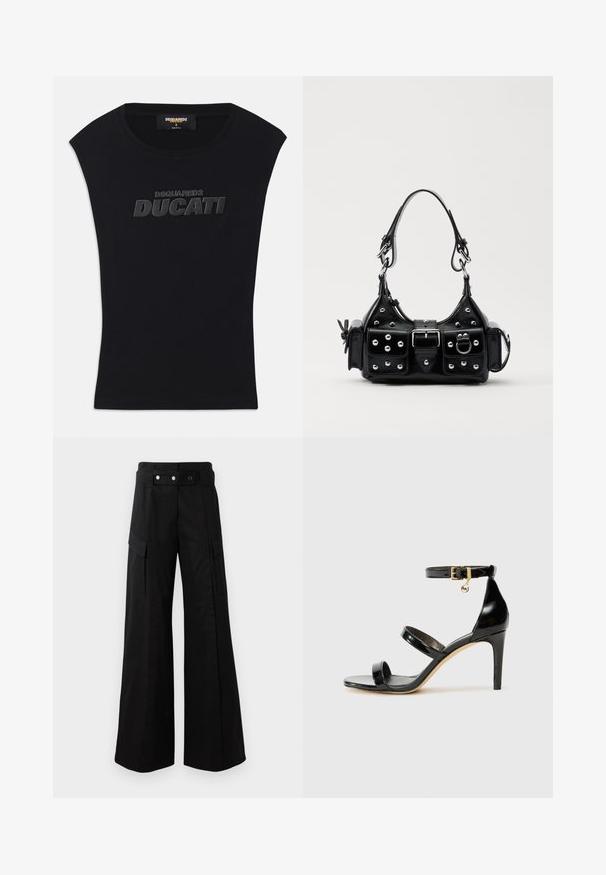 Sort ærmeløs t-shirt med rund halsudskæring og oprejst sort "DSQUARED2 DUCATI" logo på brystet, størrelse lille, med made in Italy tag inde i kraven.; Sorte brede bukser med høj talje, som har store sidelommer, to forreste knapper og en løkke-detalje. Lavet af holdbart materiale.; Sorte patenterede lædersandaler med tre stropper, ankelspænde og 10 cm stiletthæl. Har detaljer i guld og et logo charms.; Sort læderhåndtaske med et buet design, prydet med sølvfarvede nitter, en spænde og to sidelommer. Justerbar rem til forskellige bære muligheder.