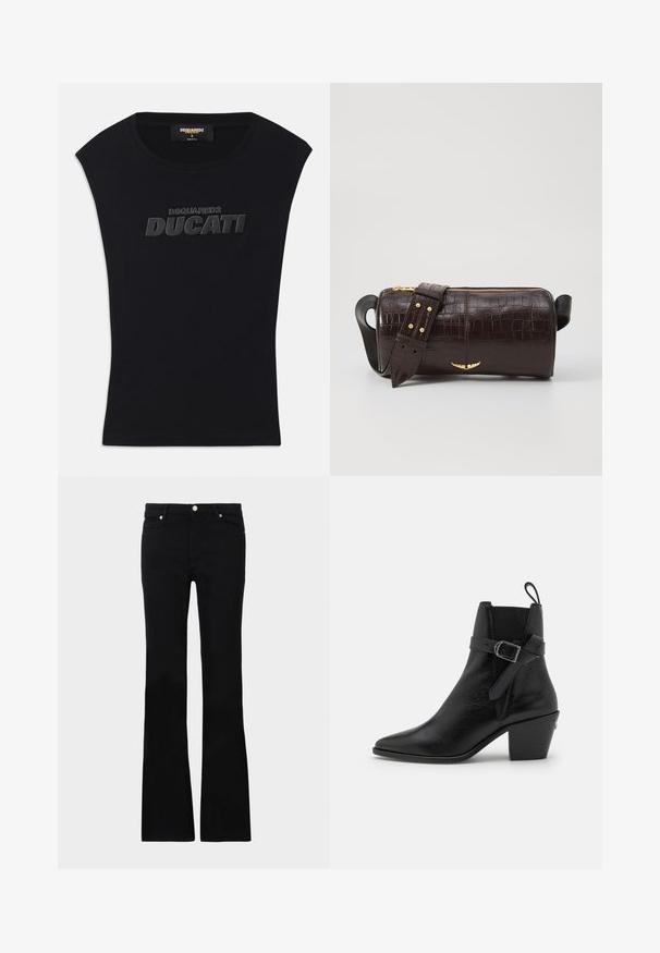 Black sleeveless t-shirt with round neckline and raised black "DSQUARED2 DUCATI" logo on chest, size small, made in Italy tag inside collar.; Black flared jeans made of denim, featuring two front pockets, a button closure, and a smooth texture. Signature stitching visible at seams.; Black leather ankle boot with pointed toe, block heel, and side buckle detail. Features smooth texture and a pull tab at the back.; Brown crocodile-embossed leather bag with a cylindrical shape, gold-tone hardware, and a detachable strap featuring studs.