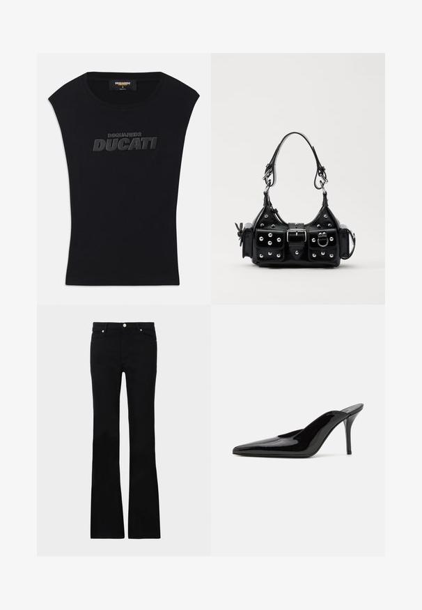 Black sleeveless t-shirt with round neckline and raised black "DSQUARED2 DUCATI" logo on chest, size small, made in Italy tag inside collar.; Black flared jeans made of denim, featuring two front pockets, a button closure, and a smooth texture. Signature stitching visible at seams.; Black patent leather high-heeled mule with a pointed toe and a sleek silhouette, featuring an open back and a slender stiletto heel.; Black leather handbag with a curved design, featuring silver studs, a buckle, and two side pockets. Adjustable strap for carrying options.
