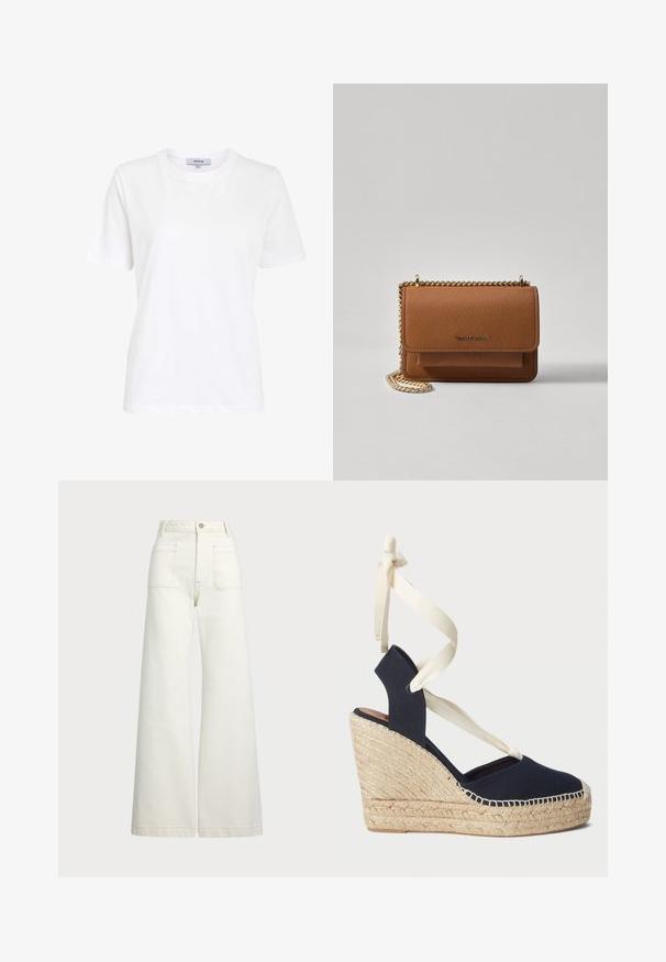Hvid bomulds T-shirt med rund hals, korte ærmer og en afslappet pasform med et enkelt design uden synlige mønstre eller accenter.; Pæne brede jeans i off-white denim. Høj talje med knaplukning, to forlommer og detaljer med kontrastsyning.; Marin canvas kilehæle sandal med en espadrille reb ydersål og cremefarvede bånd omkring anklen. Lukket hæl og rund tå design.; Brun tekstureret læder crossover-taske med guldkæde-rem og klaplukning. Forsiden har logo-detalje og en lomme under klappen.