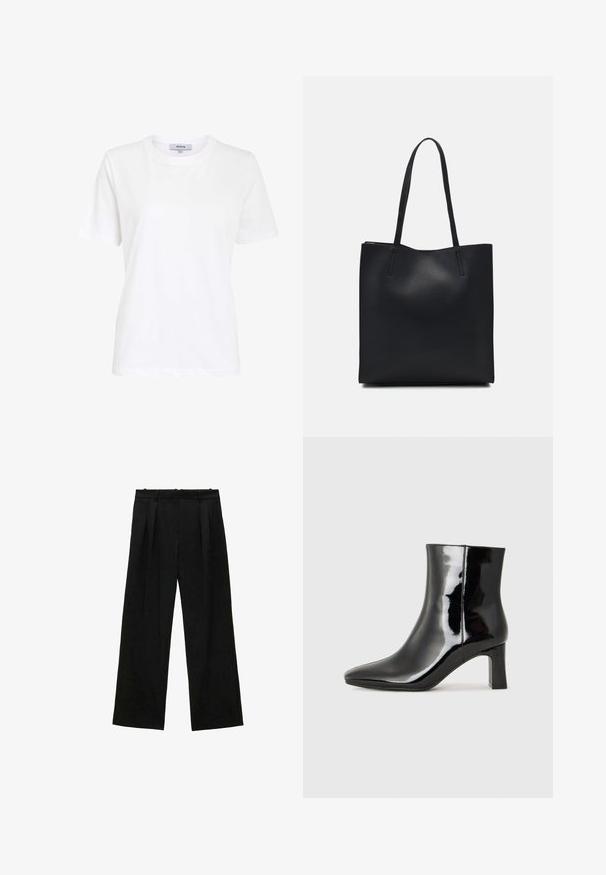 White cotton t-shirt featuring a round neck, short sleeves, and a relaxed fit with a simple design and no visible patterns or accents.; Black wide-leg trousers with pleats, featuring a smooth texture and a high waist design. Minimalist style, no visible hardware or embellishments.; Black patent leather ankle boot with a pointed toe and a mid-height block heel. Smooth texture and minimalist design.; Black leather tote bag with smooth texture, rectangular shape, and two long handles. No visible hardware or embellishments.