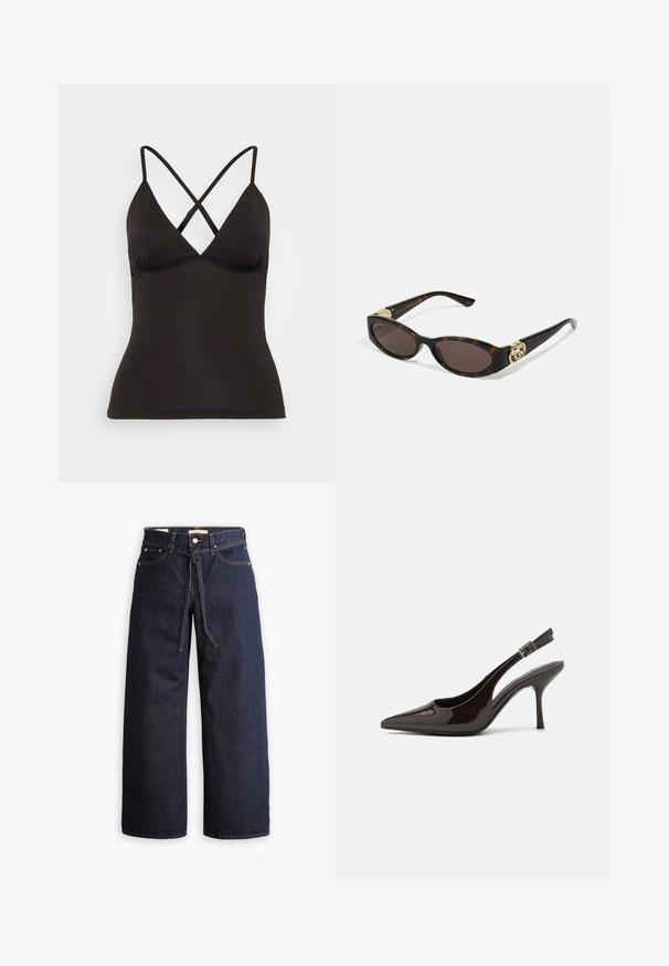 Camisola nera con spalline incrociate regolabili, caratterizzata da una profonda scollatura a V e una silhouette aderente. Realizzata in tessuto morbido ed elastico.; Jeans in denim scuro a gamba larga con vita alta, dotati di un laccio, cinque tasche e dettagli di cucitura a contrasto.; Scarpa con tacco alto tipo slingback in pelle verniciata marrone scuro lucido, punta affusolata, lati aperti e cinturino alla caviglia regolabile.; Occhiali da sole tartarugati con lenti ovali allungate, tonalità marrone, accenti dorati con logo sulle tempie e aste nere eleganti.