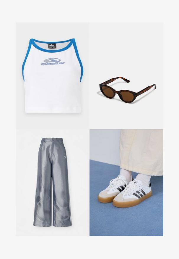 Bílý crop top s modrým lemem a kulatým výstřihem. Na přední straně se nachází modré logo Quiksilver. Vyroben z hladkého, lehkého materiálu.; Kalhoty s širokými nohavicemi z lesklého šedého materiálu, se bílými bočními pruhy a plamenným vzorem na spodní části nohavic. Zapínání na knoflík a zip v pase.; Bílé tenisky s černými pruhy a béžovými semišovými akcenty. Mají texturovanou gumovou podrážku a ploché bílé tkaničky, nošeny s světlými ponožkami.; Hnědé želvovinové sluneční brýle ve vintage stylu kočičího oka s hnědými skly. Mají zakřivené nožičky s červenými akcenty.