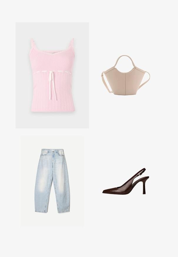 Roza rebrasta majica na bretele z lace obrobo, z vrvico za prilagajanje v pasu in strukturiranim vzorcem, zasnovana z tankimi nastavljivimi naramnicami.; Svijetloplave traperice slobodnog kroja, s izbjeljenom završnom obradom, dva prednja džepa i kopčom na gumbe na pojasu.; Rjava usnjena slingback čevlja s koničastim nosom in tankim petam. Ima majhno dekorativno sponko na traku in sijajno površino.; Bežna usnjena torbica edinstvene oblike, z dvema kratkima ročajema in dolgim nastavljivim trakom. Gladka tekstura z minimalno kovinsko opremo.