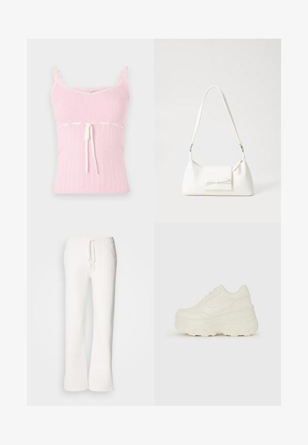 Top de alças rosa com textura, apresentando um acabamento de renda, cintura elástica com cordão e alças finas ajustáveis.; Calças de fato brancas, de corte descontraído, feitas de um tecido macio, com um cós elástico e um cordão de ajuste, apresentando um design de pernas retas.; Tênis brancos de plataforma com um cabedal suave semelhante a couro, formato arredondado, colarinho acolchoado e sola de borracha texturizada com ranhuras bem definidas.; Mala sintética branca com formato triangular, aba frontal plana e detalhe de laço, alça ajustável, textura suave e design minimalista.
