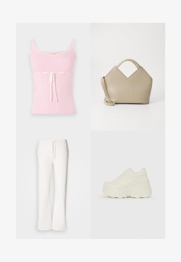 Rózsaszín bordázott ujjatlan felső csipke díszítéssel, zsinórral állítható derékkal és texturált mintával, vékony állítható pántokkal tervezve.; Fehér, laza szabású melegítőnadrág, puha anyagból készült, rugalmas derékkal és zsinórral, egyenes szárú kialakítással.; Fehér platform sportcipők, sima bőrszerű felsőrésszel, kerek formával, párnázott bokával és texturált gumitalppal, jól definiált mintázattal.; Beige struktúrált kézitáska V-alakú tetejével, sima bőr anyaggal, rövid fogantyúkkal és hosszú állítható pánttal. Minimál stílusú design.