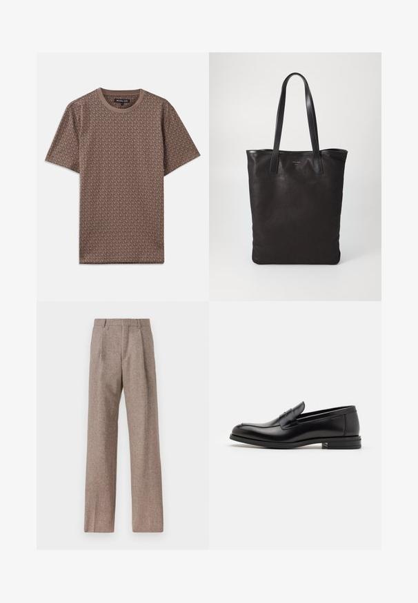 Prune lühikeste varrukatega T-särk, millel on korduv MK logo muster, ümmargune kaelus ja pehme kangatekstuur.; Heledsinine pikkade varrukatega särk, millel on terav krae, mustad nupud ja ainulaadne lõige ees eristuva disaini jaoks.; Prunnid, kõrge vöökohaga püksid, mis on valmistatud tekstureeritud kangast. Omavad laiu jalgu ja kahte eesmist voldikut struktuuri jaoks. Korralik viimistlus, ilma nähtava riistvarata.; Mustad mustad nahast loafers sileda tekstuuriga, ümarat ninaosa ja dekoratiivne riba vampi üle. Madal kihiline konts, minimalistlik disain.; Mustmust kott mustade nahkade käepidemetega. Lihtne disain, avar keha ja sile tekstuur. Pole nähtavaid logosid ega mustreid.